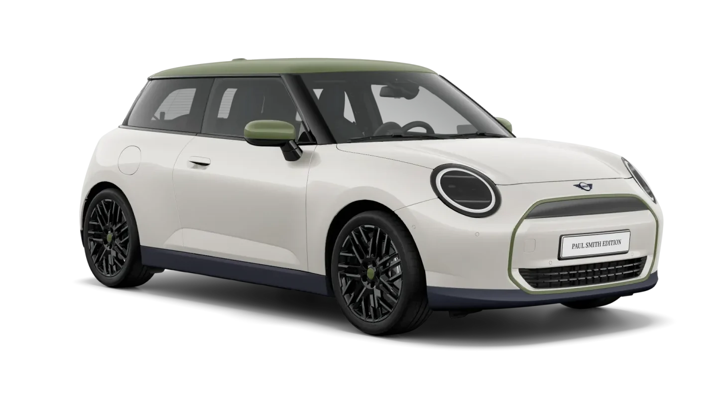 MINI Cooper E Paul Smith Edition, weißer MINI Cooper mit grünem Dach