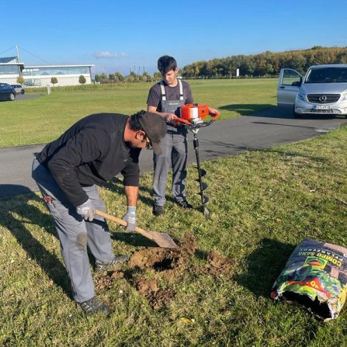 Mitarbeiter graben Loch im Rasen